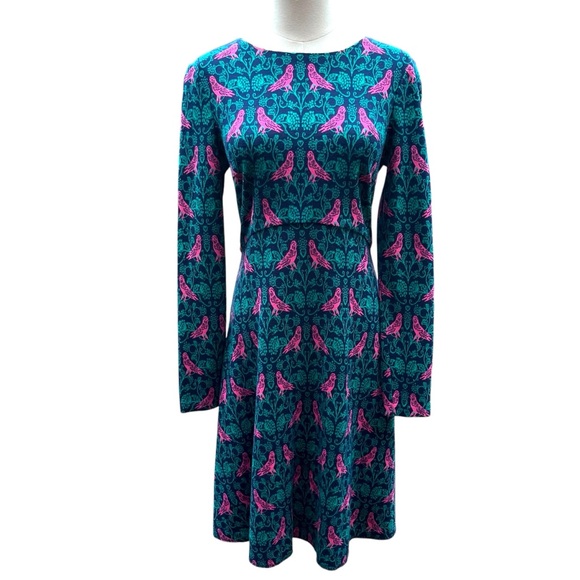 Boden Annie Jacquard A-Line Long Sleeve Teal and Pink Bird Print Dress Size 6R - Picture 2 of 16